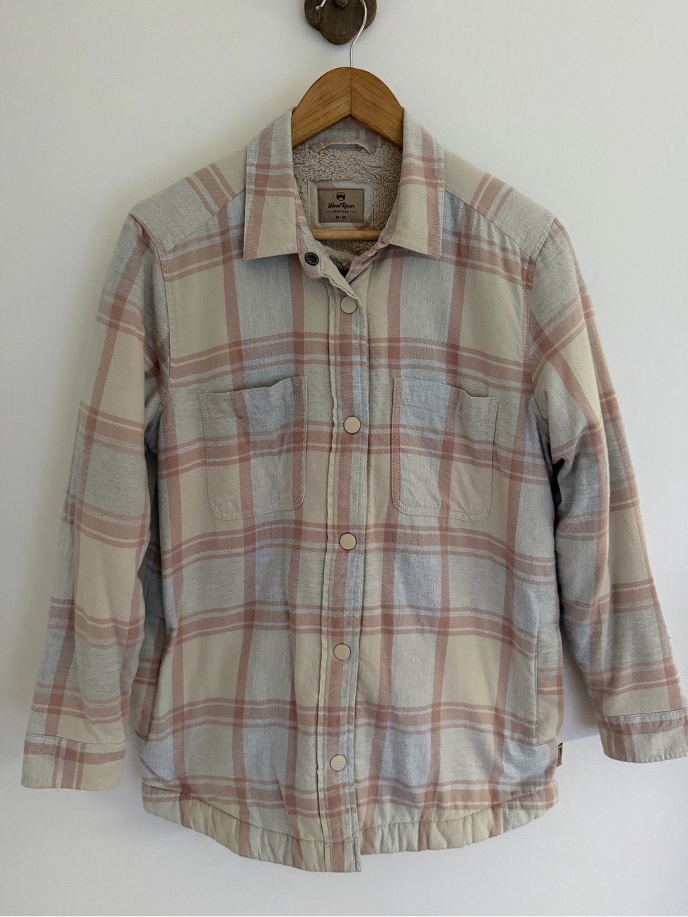 WindRiver Heritage Sherpa Lined Plaid Shacket Jacket Med Pink Cream Button Front